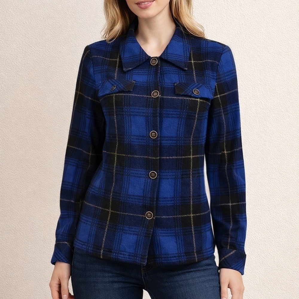 VTG LINKS Royal Blue Black Flannel Plaid Button Down Long Sleeve Shacket